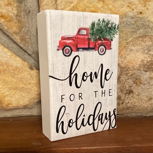 Farmhouse Home For The Holidays Red Truck & Christmas Tree Wood Tier Tray Sign - Picture 2 of 12